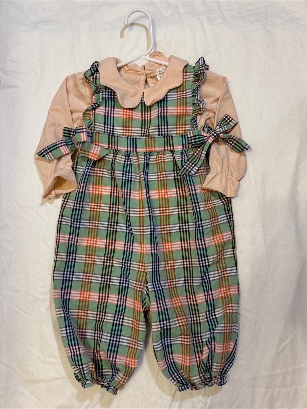 Bella Bliss Green Plaid Jumper Set with Peach Top - 9m